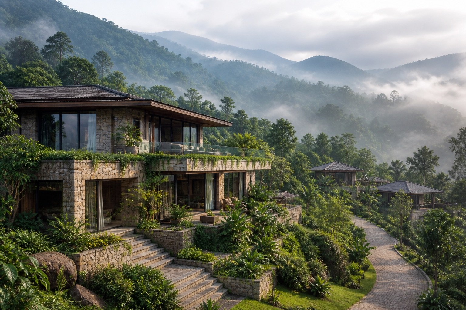 AI architectural illustration inspired by Rwanda; not an actual developer project